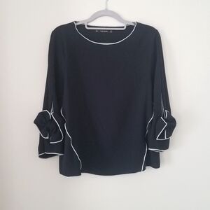 Zara Navy Blouse w/ Bow Sleeve Detailing Size Small